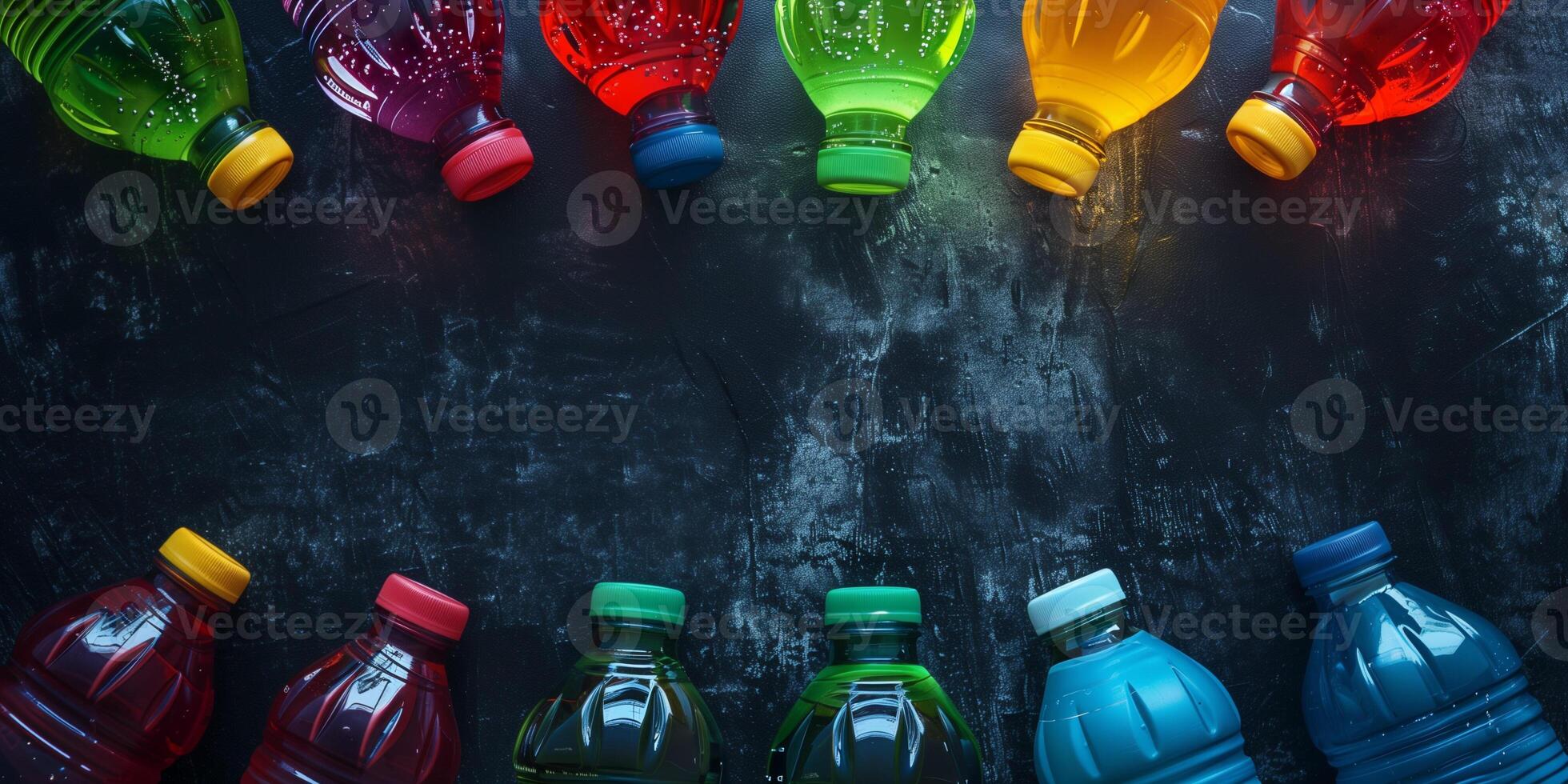 Sports drink bottles arranged in a circular pattern on a dark background, meal photography photo