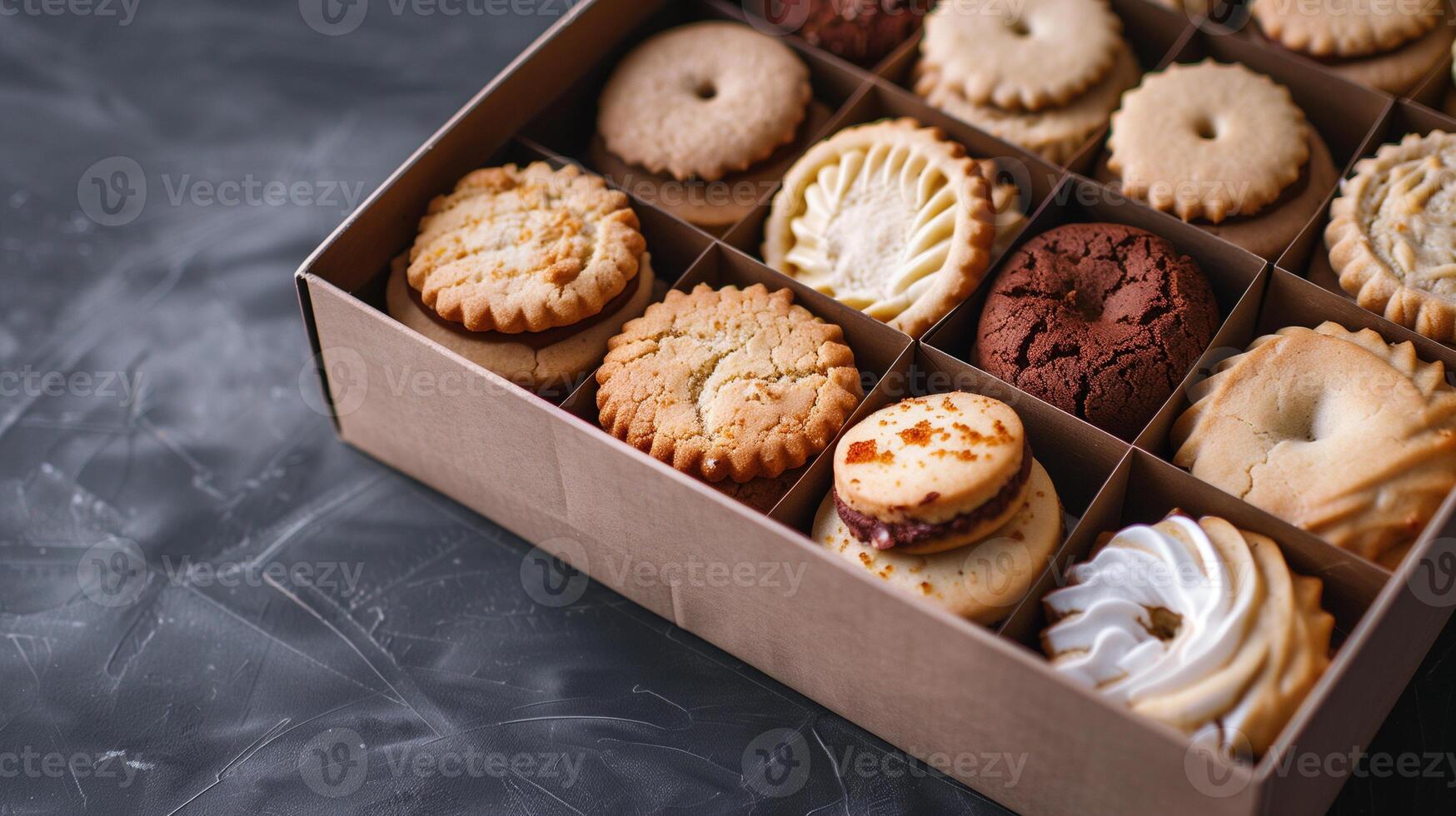 Specialty cookies placed in an open rectangular box with a simple design, food setting photo