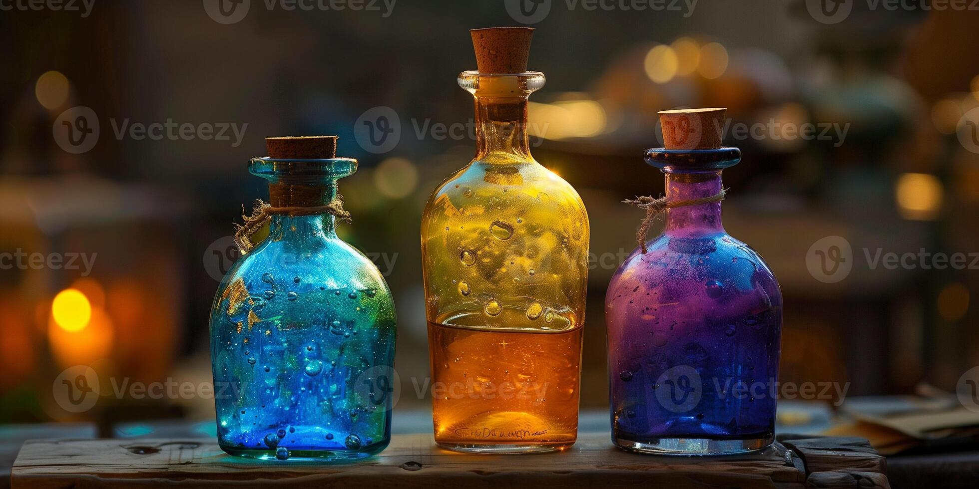 Three bottles of different sizes, each filled with a uniquely colored liquid, meal photography photo