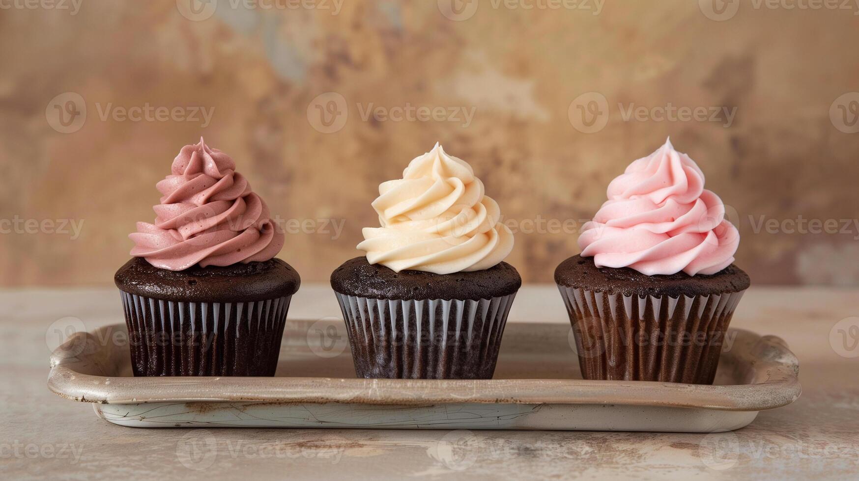 Three cupcakes with even frosting, placed side by side on a simple serving tray, food setting photo