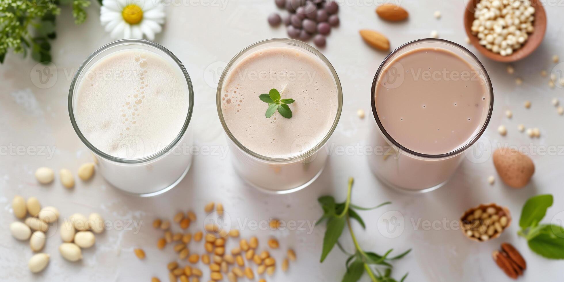 Three different plant-based milk brands displayed on a white background for product comparison, meal photography photo