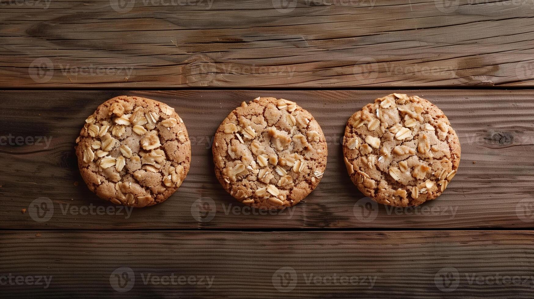Three oatmeal cookies placed in a row on a wooden table, food setting photo