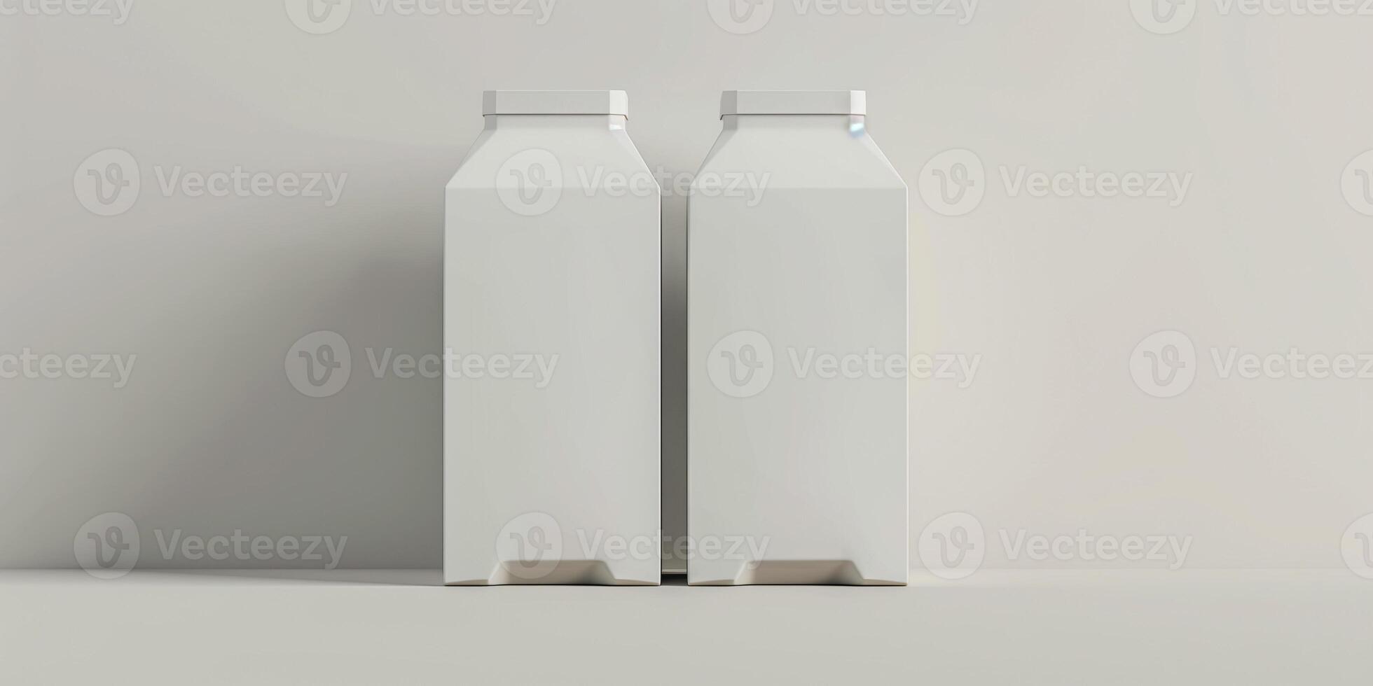 Two cartons of soy milk on a plain white background, food setting photo