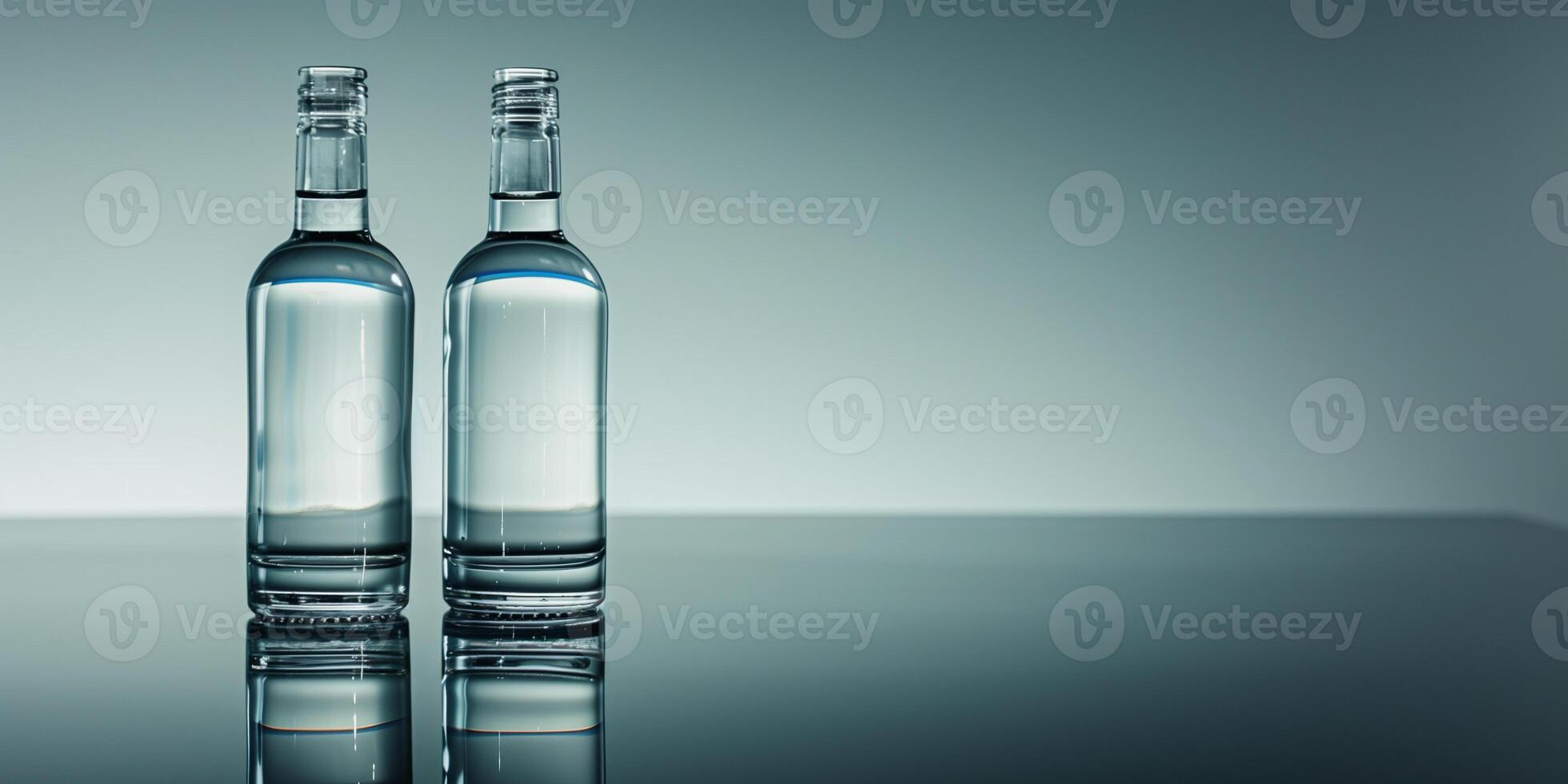 Two vodka bottles standing side by side on a reflective surface, food setting photo