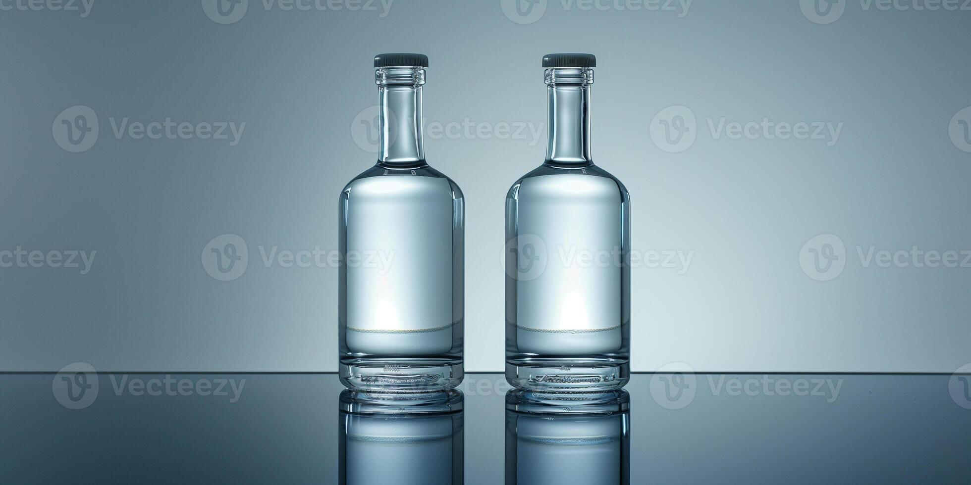 Two vodka bottles standing side by side on a reflective surface, meal photography photo