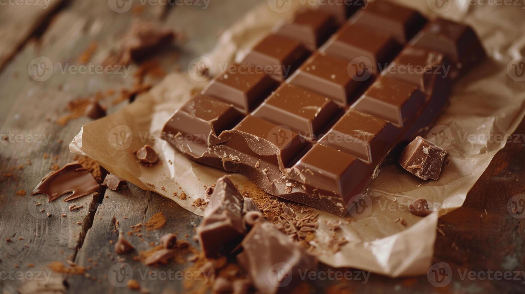 Unwrapped filled chocolate bar with a focus on the filling seen through broken pieces, meal photography photo