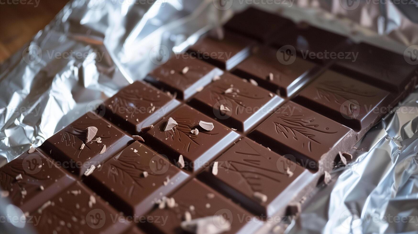Unwrapped milk chocolate bar resting on its packaging, with clear lines dividing each piece, food setting photo