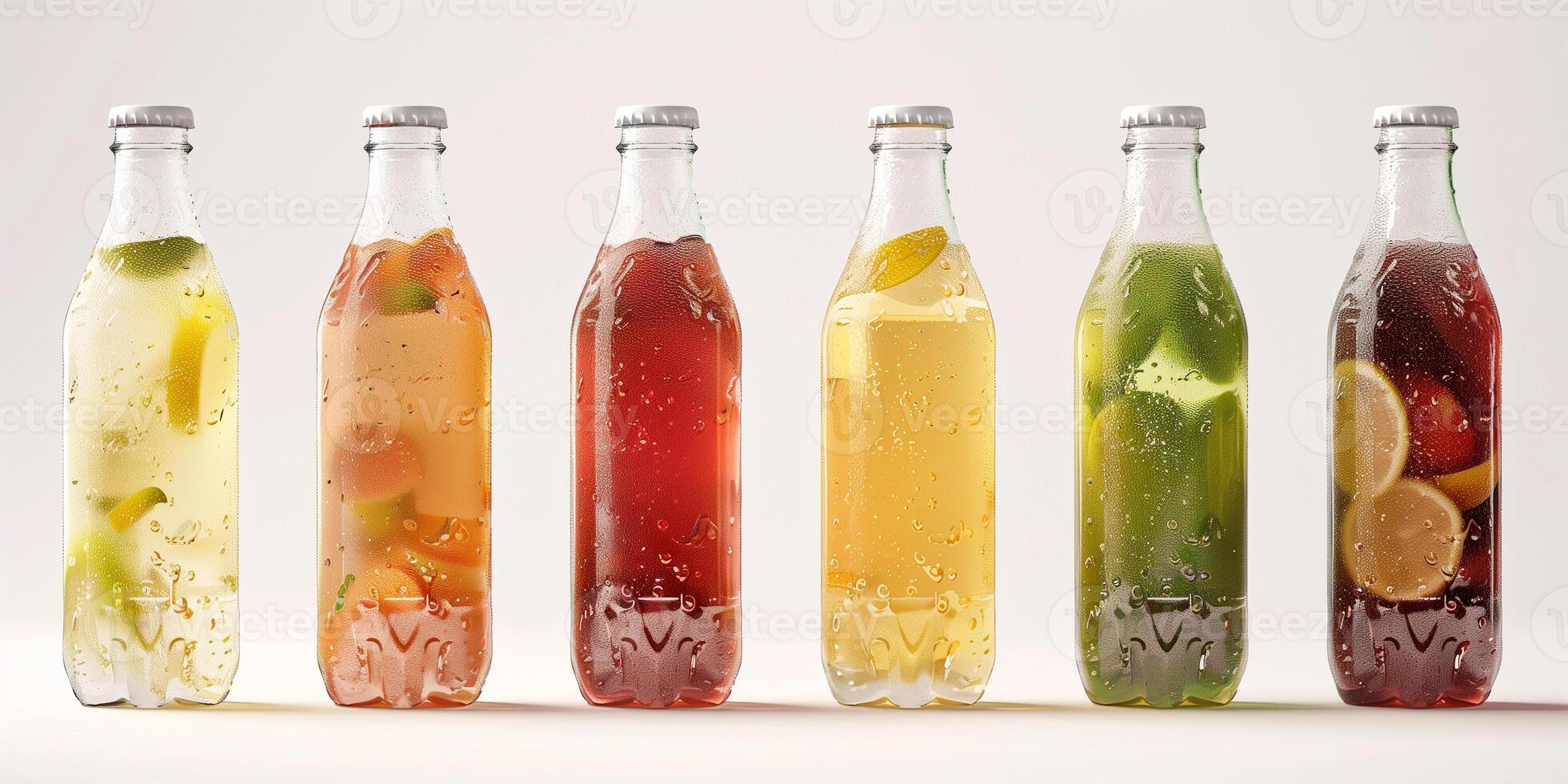 Various bottles of healthy soda featuring unique flavor texts and transparent labels, meal photography photo