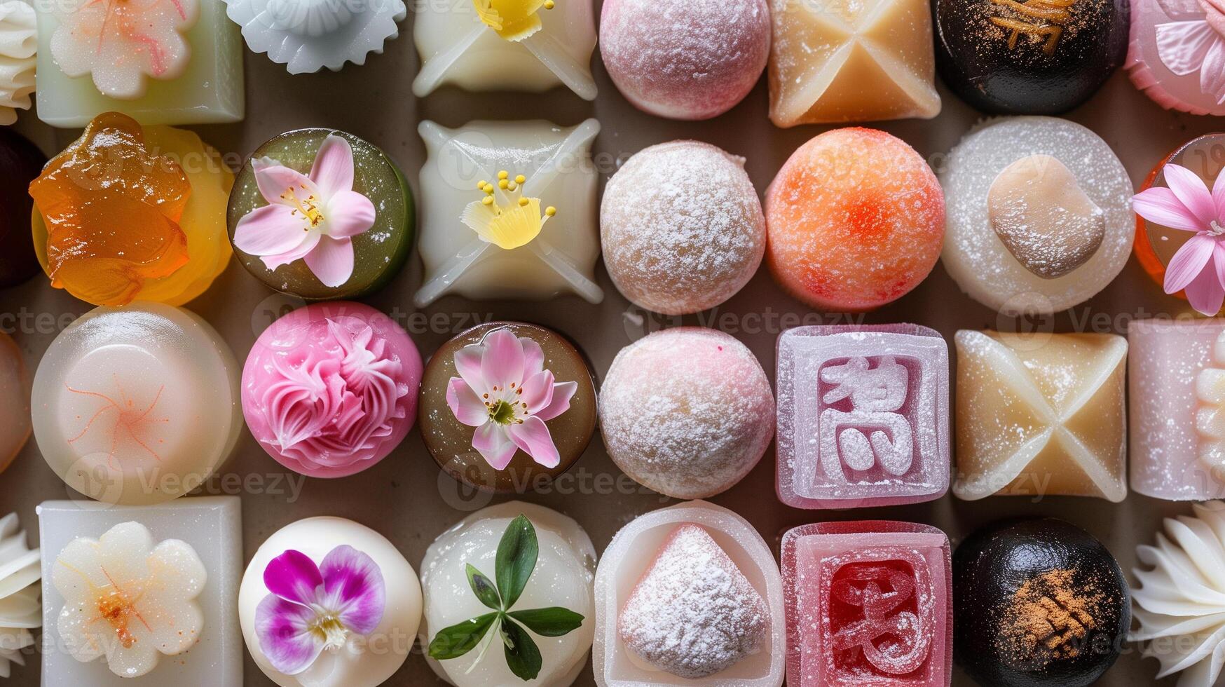 Mochi cakes with different fillings in a symmetrical pattern on a tray, meal photography photo