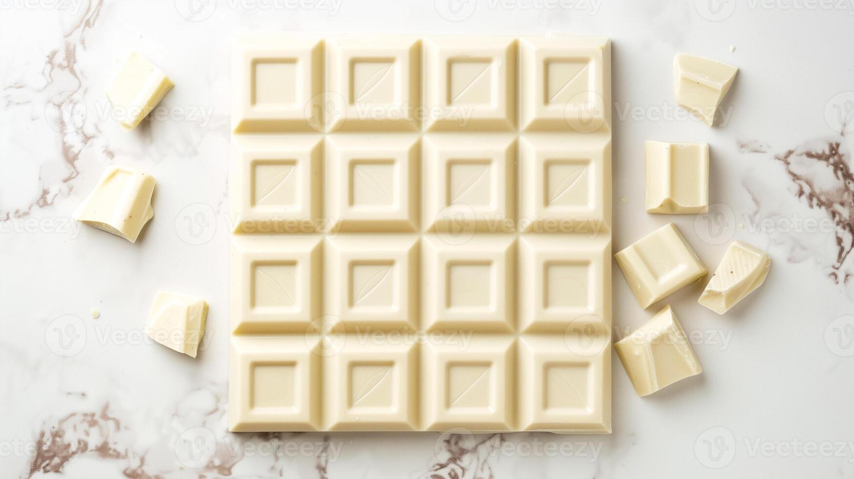 White chocolate bar laid flat, separated into several small, uniform squares, meal photography photo