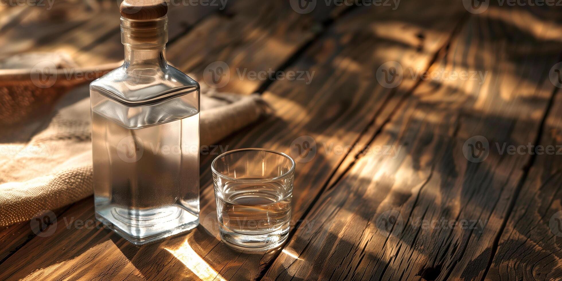 Vodka bottle on a wooden surface, accompanied by a single, empty shot glass, food setting photo