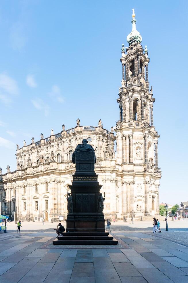 Dresden, Germany-august 15, 2022-Walking in Schlossplatz and view the statue of Frederick Augustus I the Just in a sitting position in Dresden on a sunny day photo