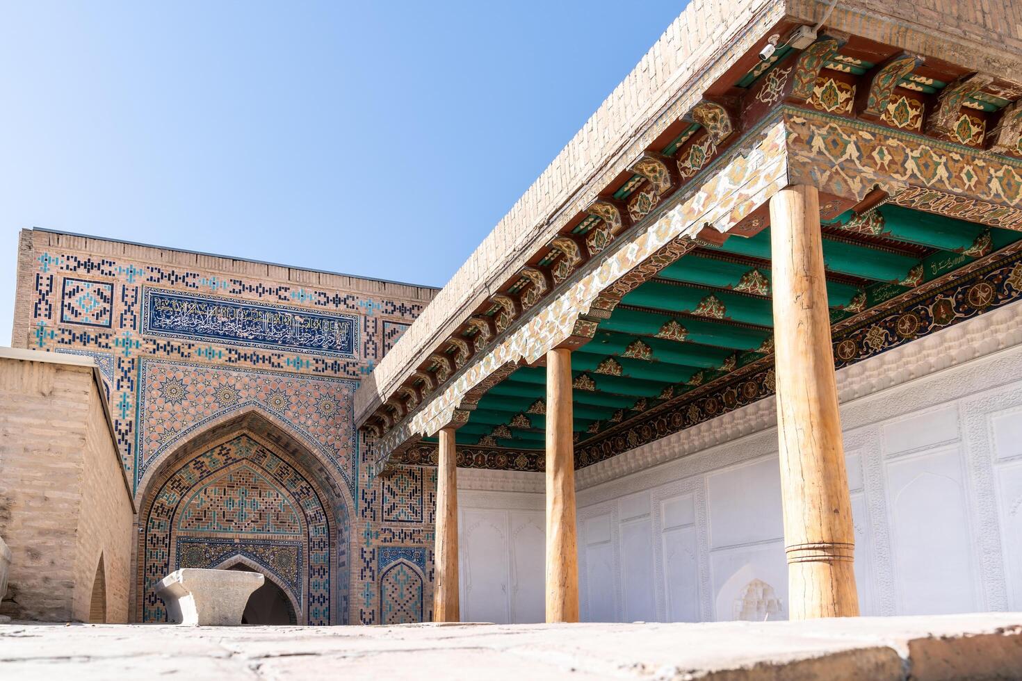 Samarkand, Uzbekistan-august 13, 2023-Particular of Shakhi Zinda necropolis, a famous mausoleum complex in Samarkand during a sunny day photo