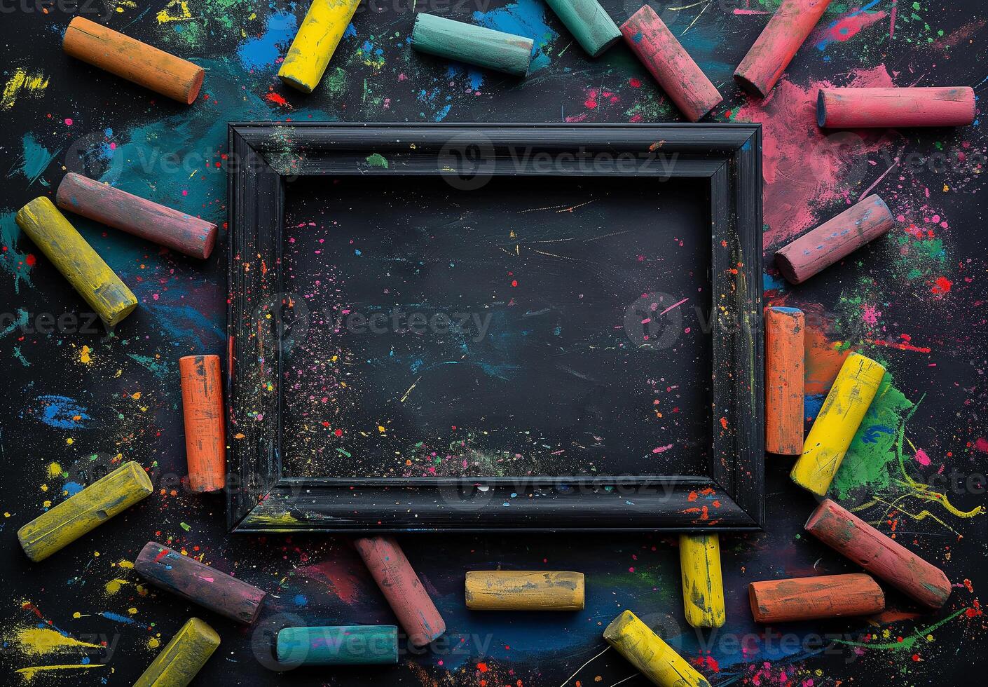 A black frame surrounded by colorful crayons photo