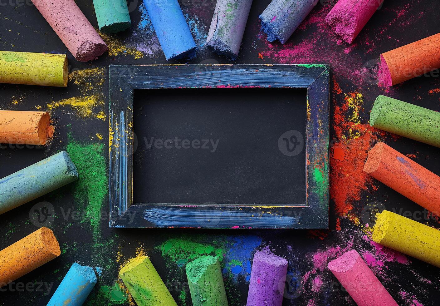 Colorful chalk on black background with black frame photo