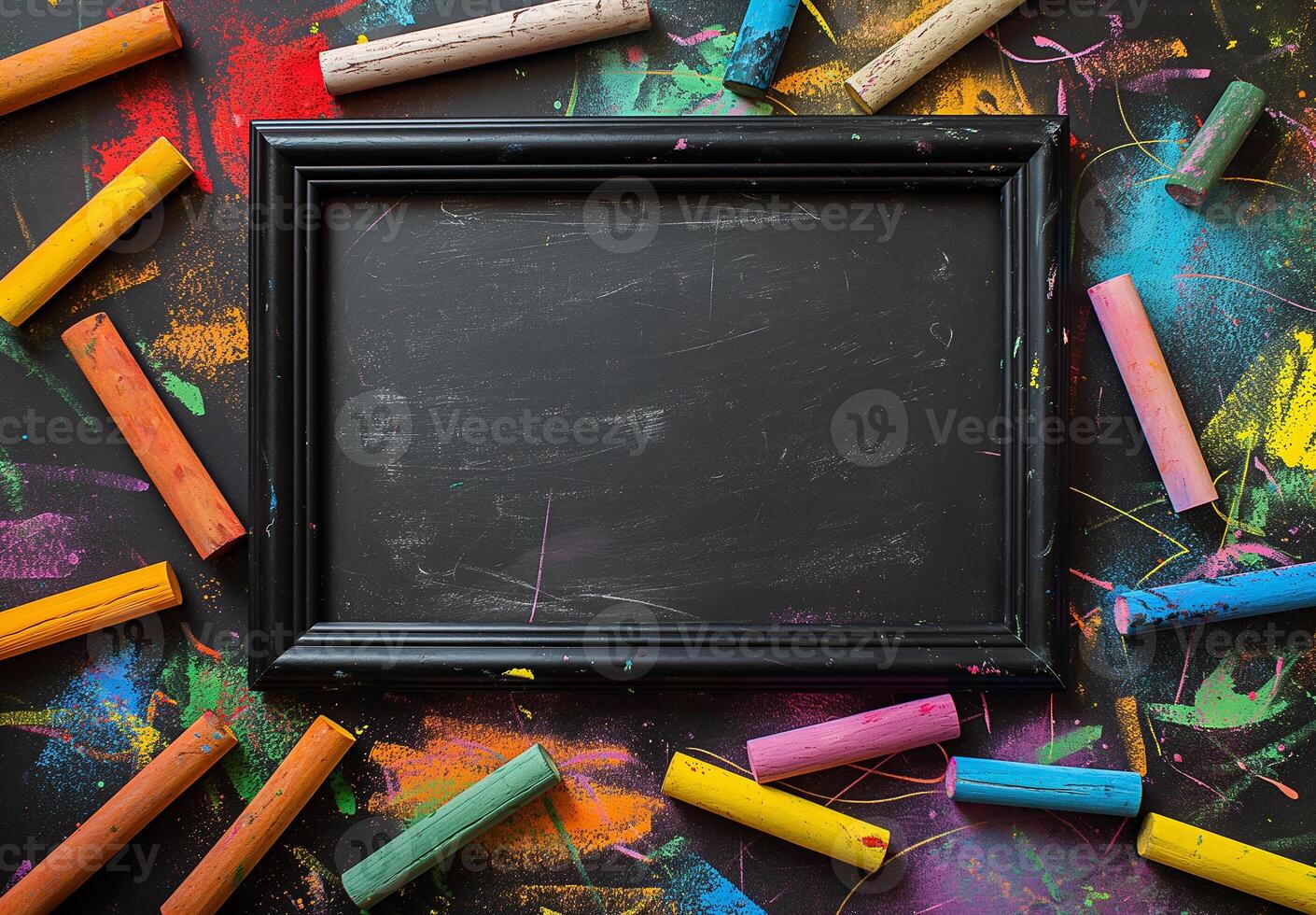A black frame surrounded by colorful chalk photo