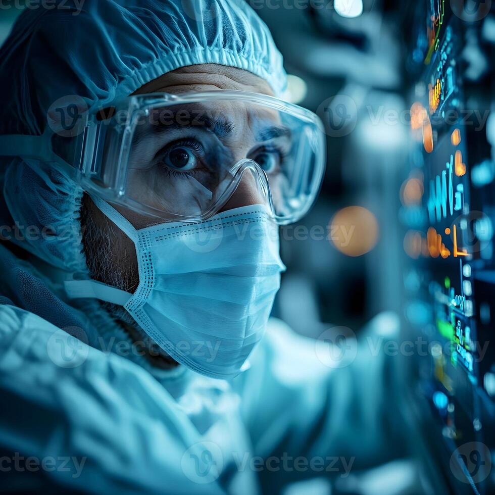Health Professional in Protective Gear Analyzing Data on Medical Monitor in Modern Healthcare Environment with Advanced Technology and Vital Signs Display photo