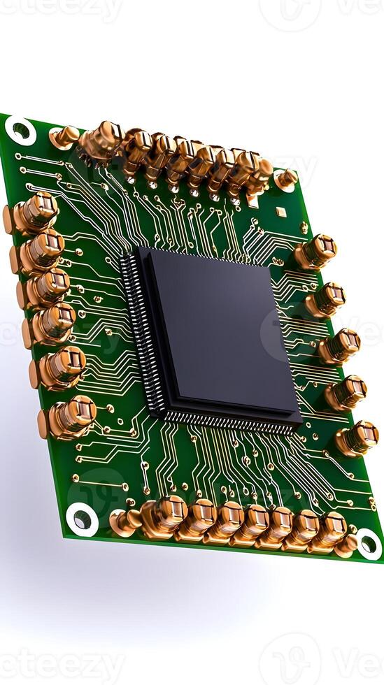 High-Tech Microchip on Green Circuit Board with Elegant Design Featuring Golden Pins and Intricate Electronic Connections for Innovative Technology Showcase photo