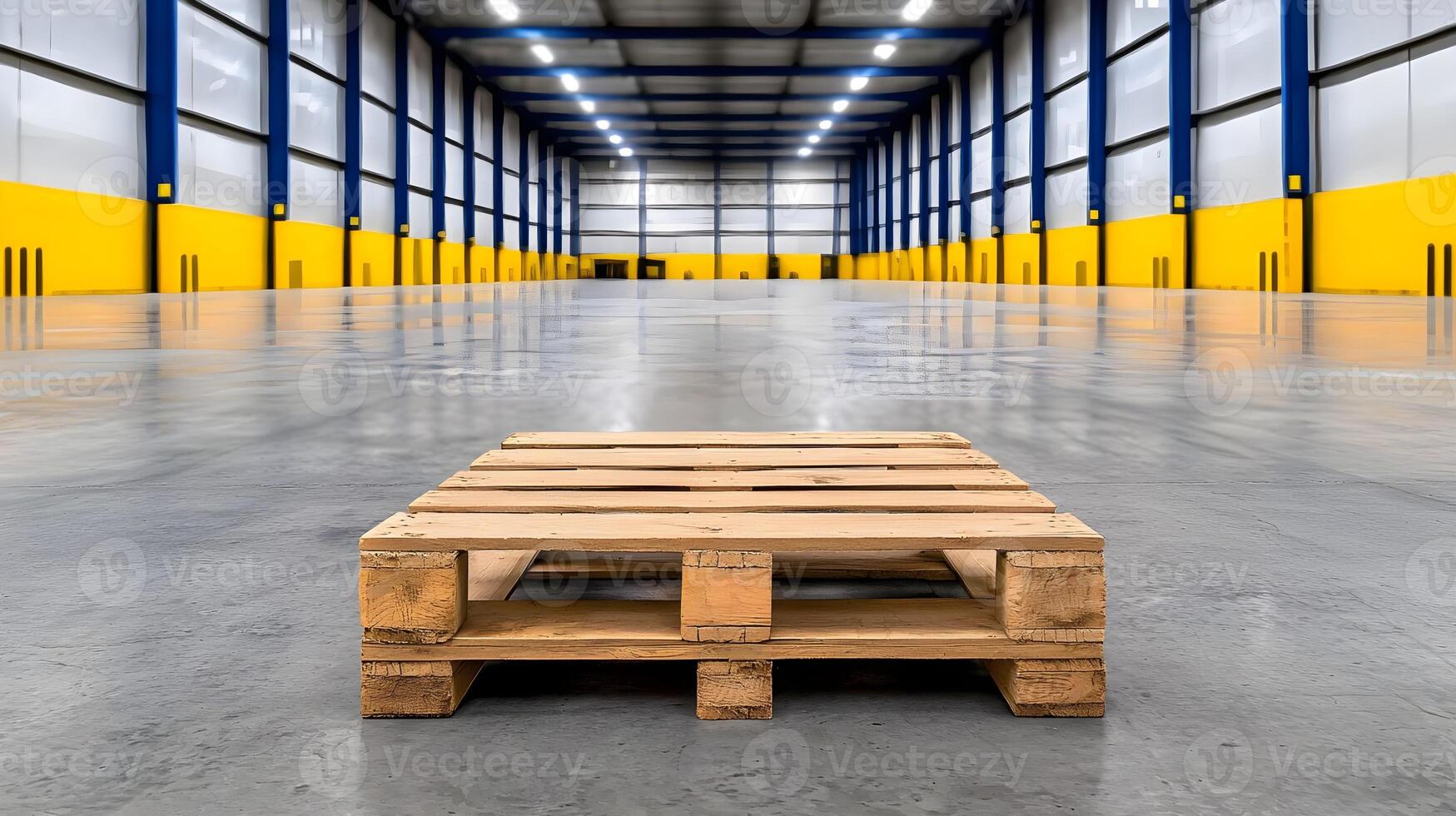 Empty Warehouse Interior with Storage Pallet in the Foreground, Showing Modern Industrial Design and Clean Aesthetic for Commercial Use in Logistics and Supply Chain photo