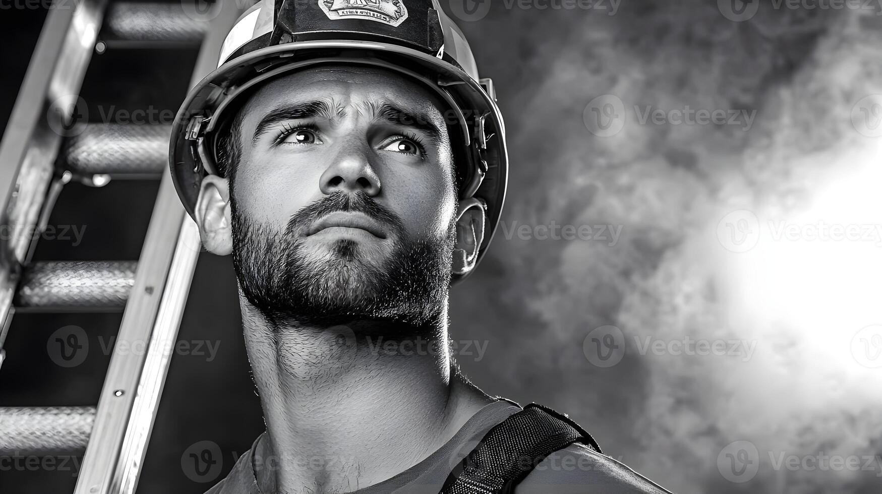 Focused Male Construction Worker in Helmet Gazing Upward with Ladder in Background, Dramatic Lighting, Black and White Photography for Portrait or Industry Themes photo