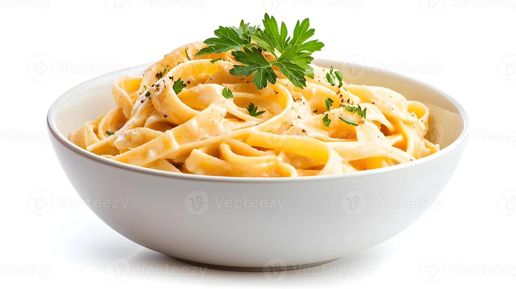 Mouth Watering Creamy Alfredo Pasta Dish Served on Classic White Background photo