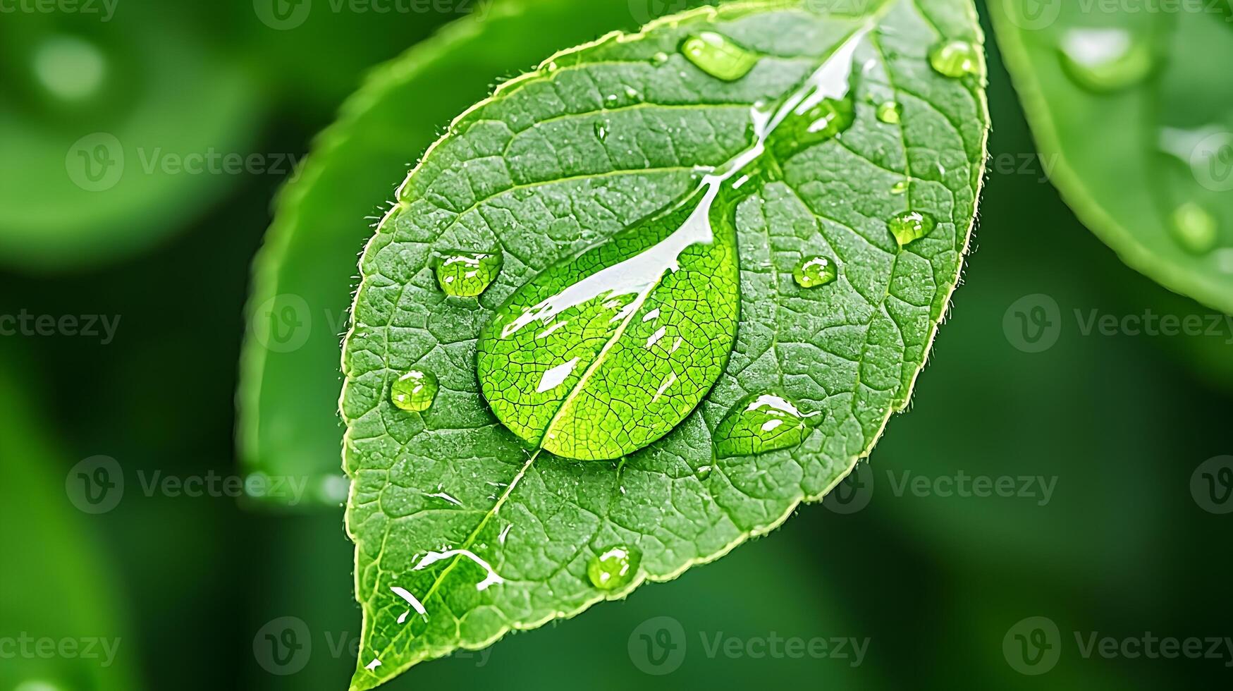Captivating Close Up of Lush Green Leaf with Glistening Water Droplet photo