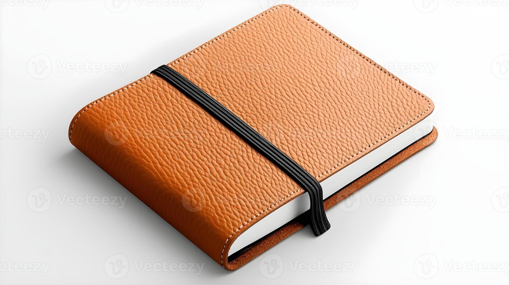 Elegant Brown Leather Notebook with Black Elastic Band on White Surface, Ideal for Writing, Note-taking, and Personal Journaling for Professionals and Students photo
