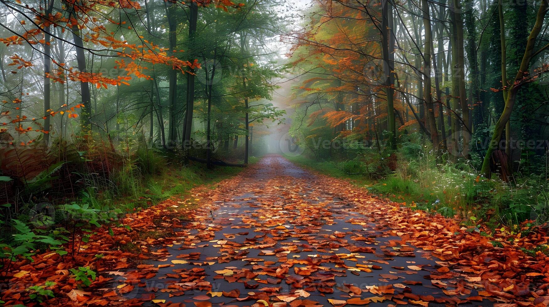 Serene Autumn Forest Path with Fallen Leaves Covering the Ground photo