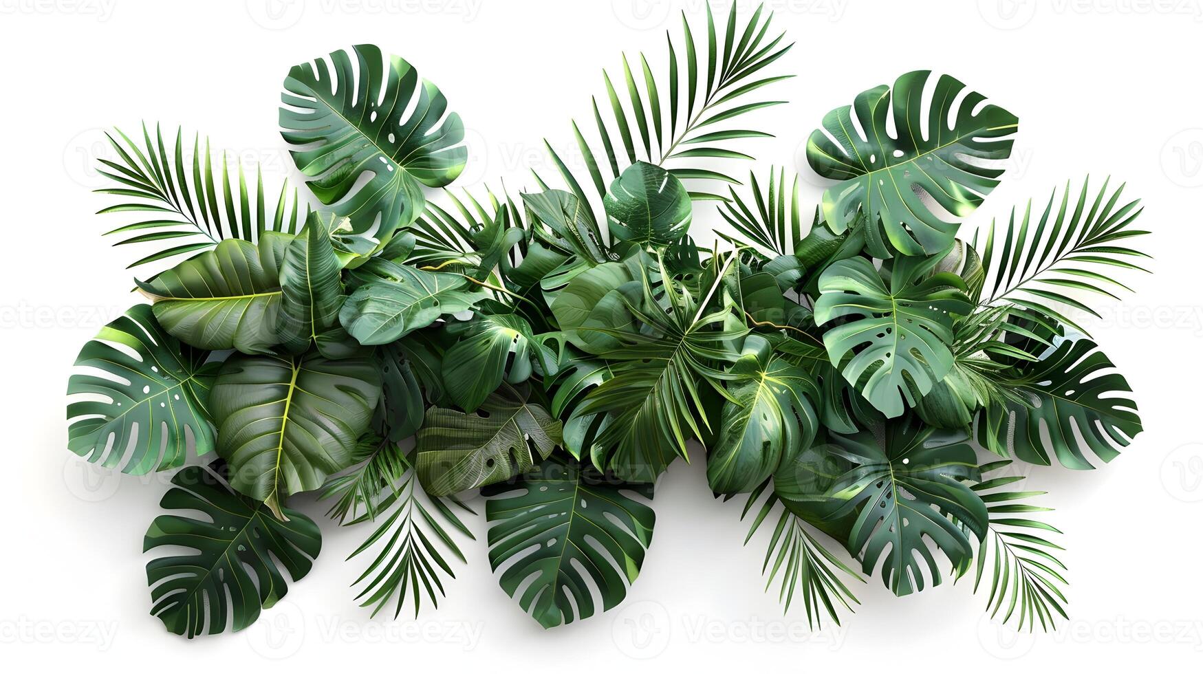 Elegant Tropical Foliage Wall Arrangement with Monstera and Palm Leaves on White Background photo