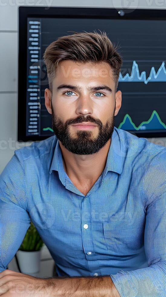 Young Professional Male with Stylish Hairstyle and Beard Sitting at Desk in Modern Office Environment, Analyzing Financial Data on Screen in Background photo