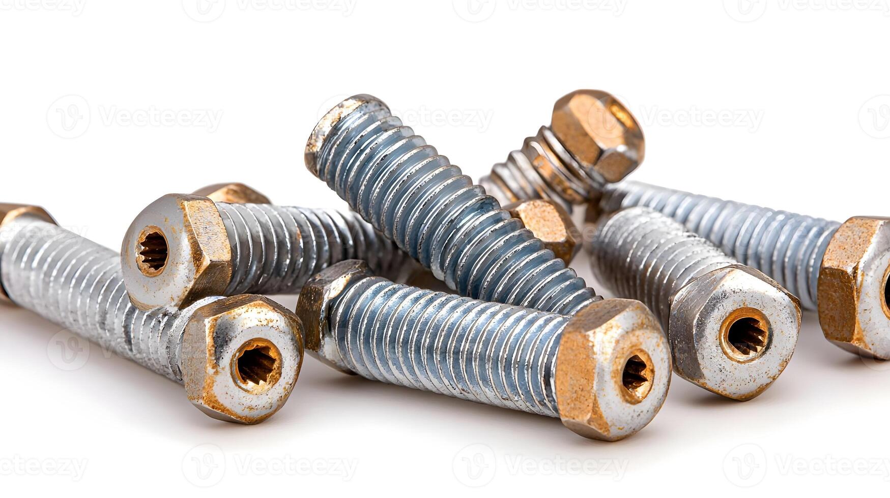 Close-up of Metallic Bolts and Nuts Piled Together on a White Background for Industrial and Engineering Applications, Suitable for Diverse Projects and Designs photo