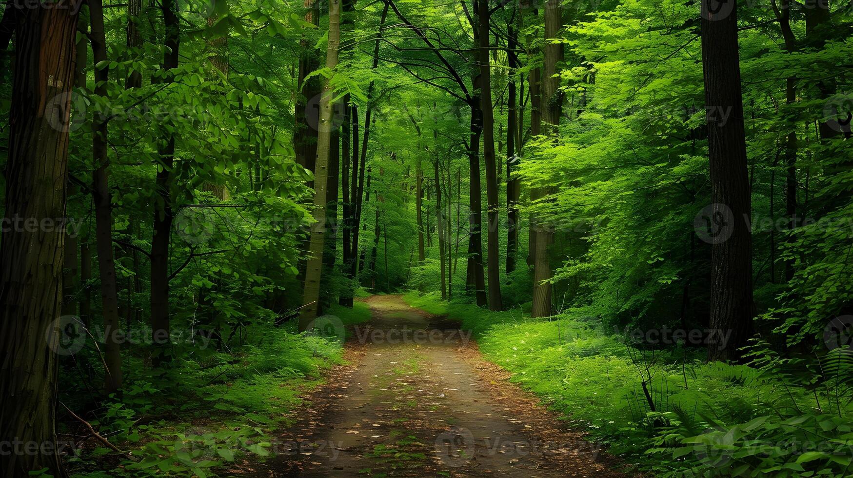 Tranquil Forest Path Lined with Lush Green Foliage photo