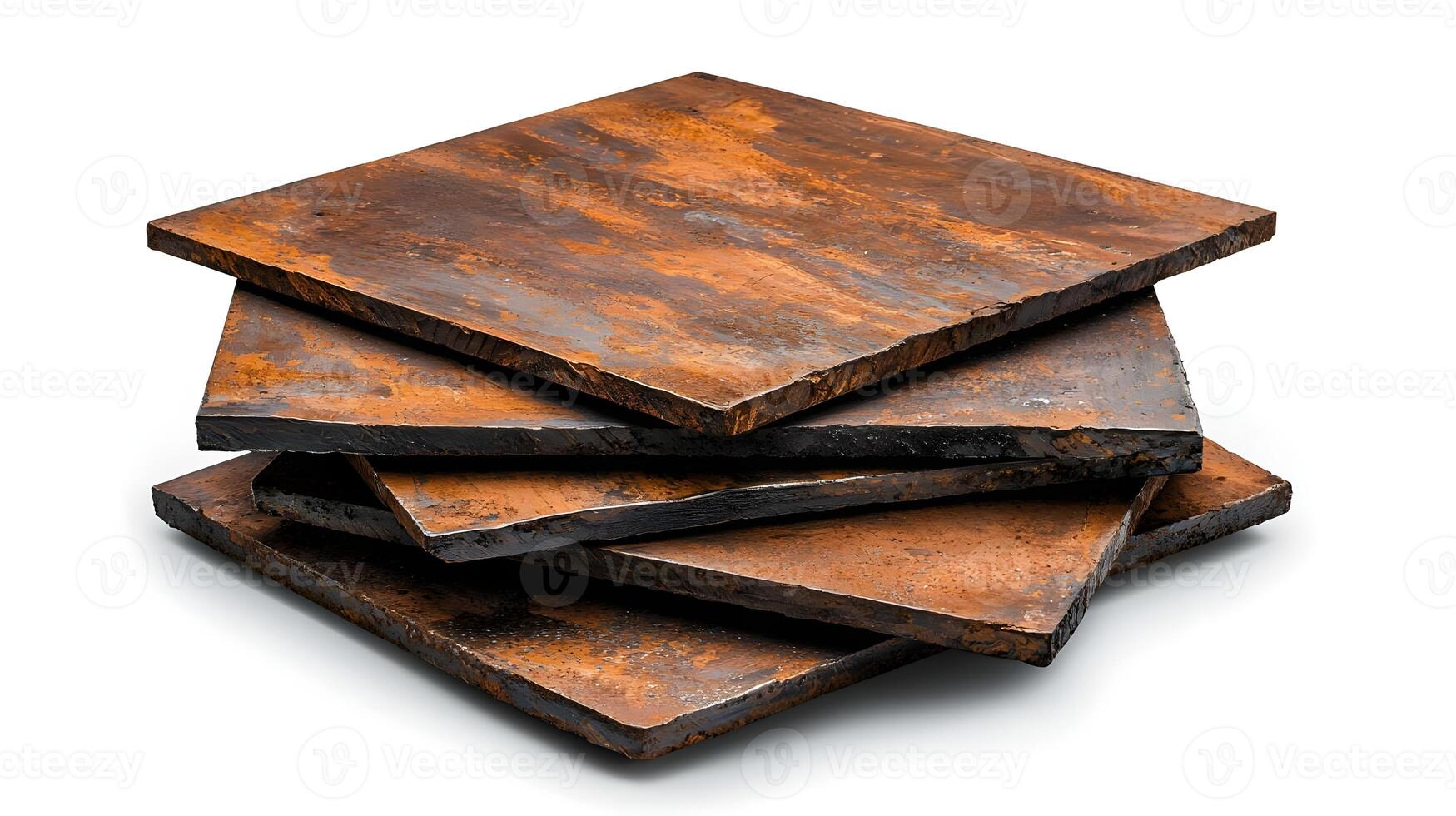 Stacked Rustic Metal Plates with Detailed Texture and Rich Patina, Perfect for Artistic Backdrops, Interior Design, and Creative Projects in Industrial Style photo
