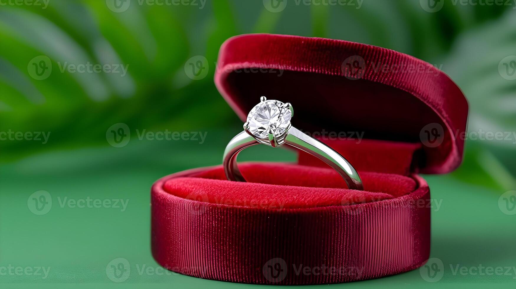 Elegant Diamond Engagement Ring in Red Velvet Box Surrounded by Lush Greenery for Romantic Proposals and Special Occasions photo