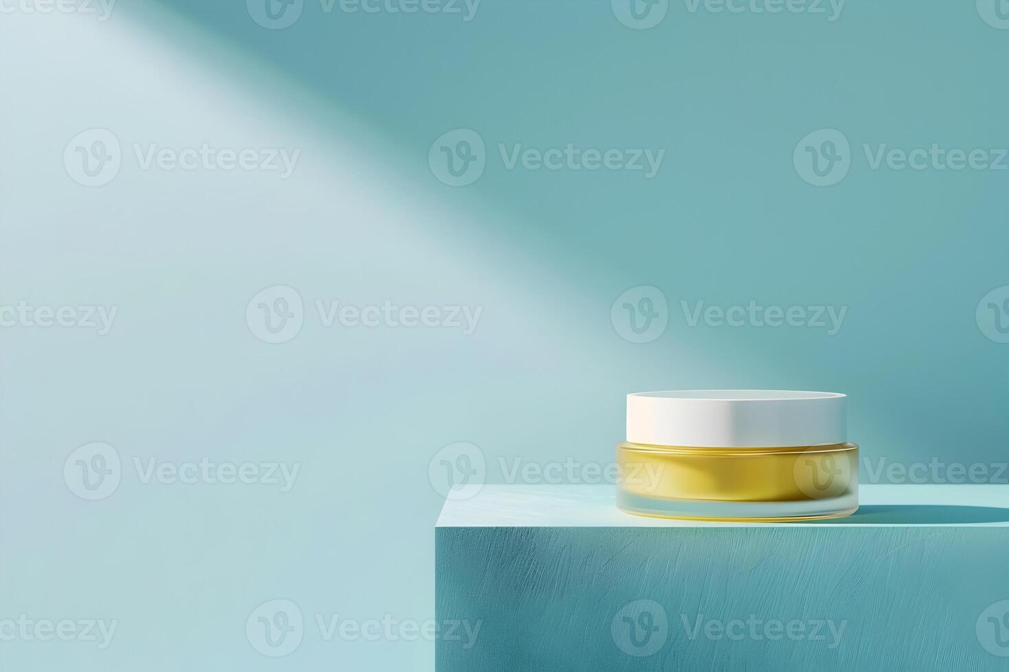 Minimalist Glass Jar with Gold Body Cream on Light Blue Table photo