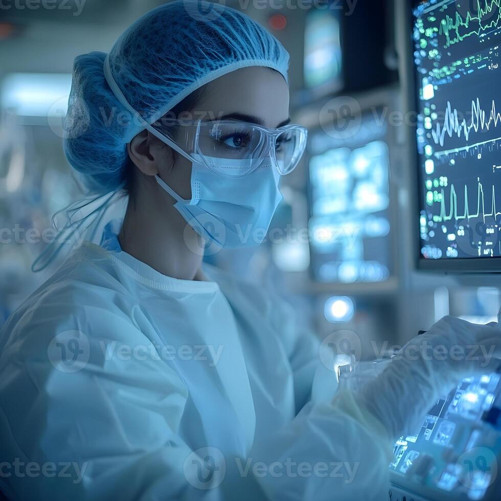 Medical professional in personal protective equipment analyzing digital data and statistics on monitors in a hospital environment during a healthcare emergency response photo