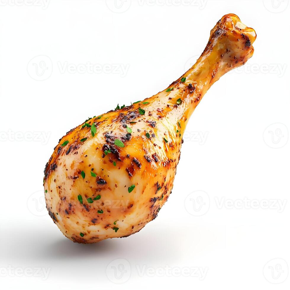 Juicy Grilled Chicken Drumstick with Crispy Skin Garnished with Herbs Appearing in Mid-Air Against a Clean White Background photo
