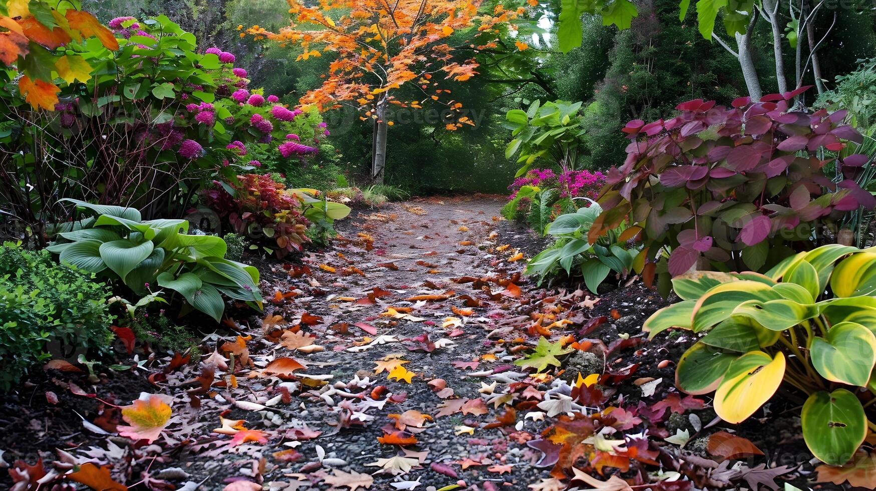 Enchanting Garden Path Adorned with Vibrant Foliage photo