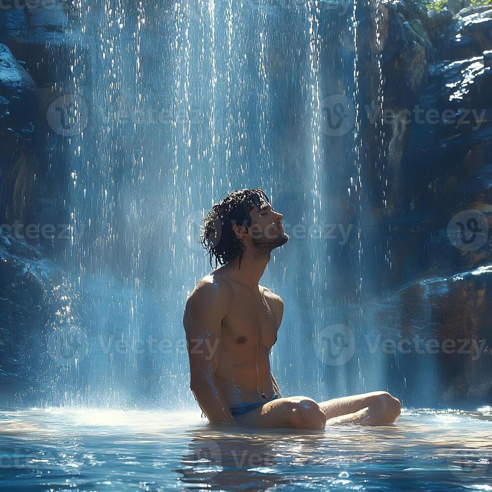 Young man enjoying the serene beauty of a waterfall, bathing in the soothing waters while surrounded by lush greenery and natural tranquility in a peaceful outdoor setting photo