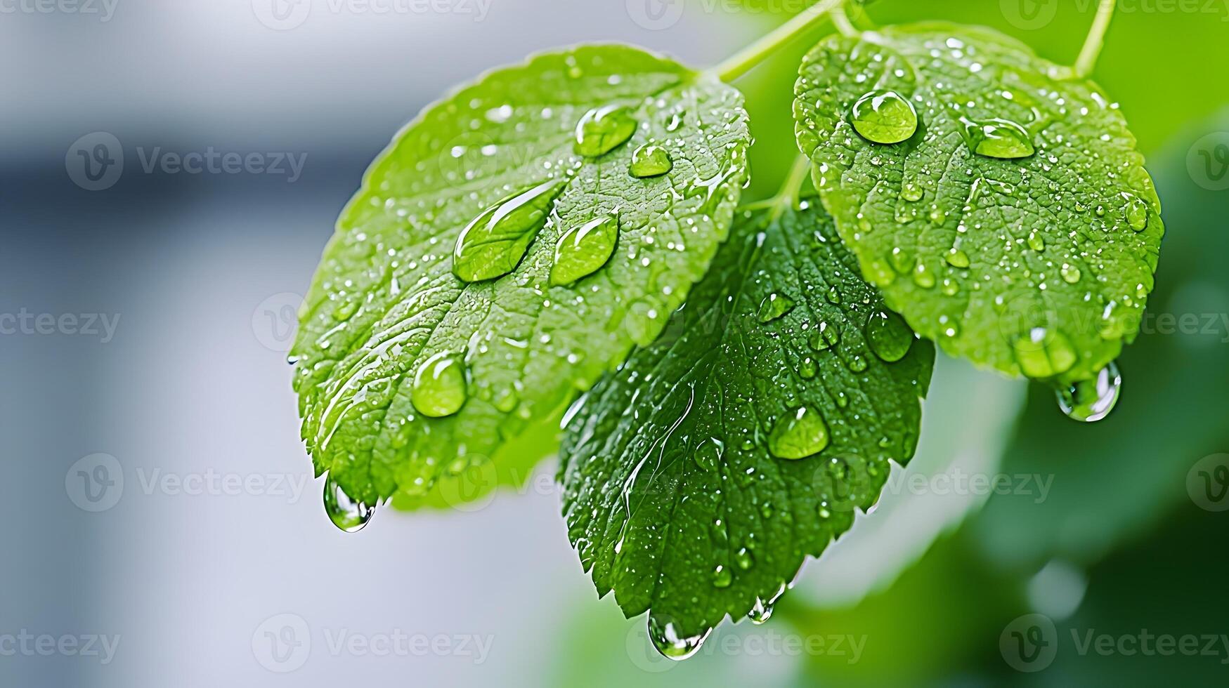 Dazzling Droplets Highlighting Minimalist Natural Beauty Captured in Lush Green Leaves photo