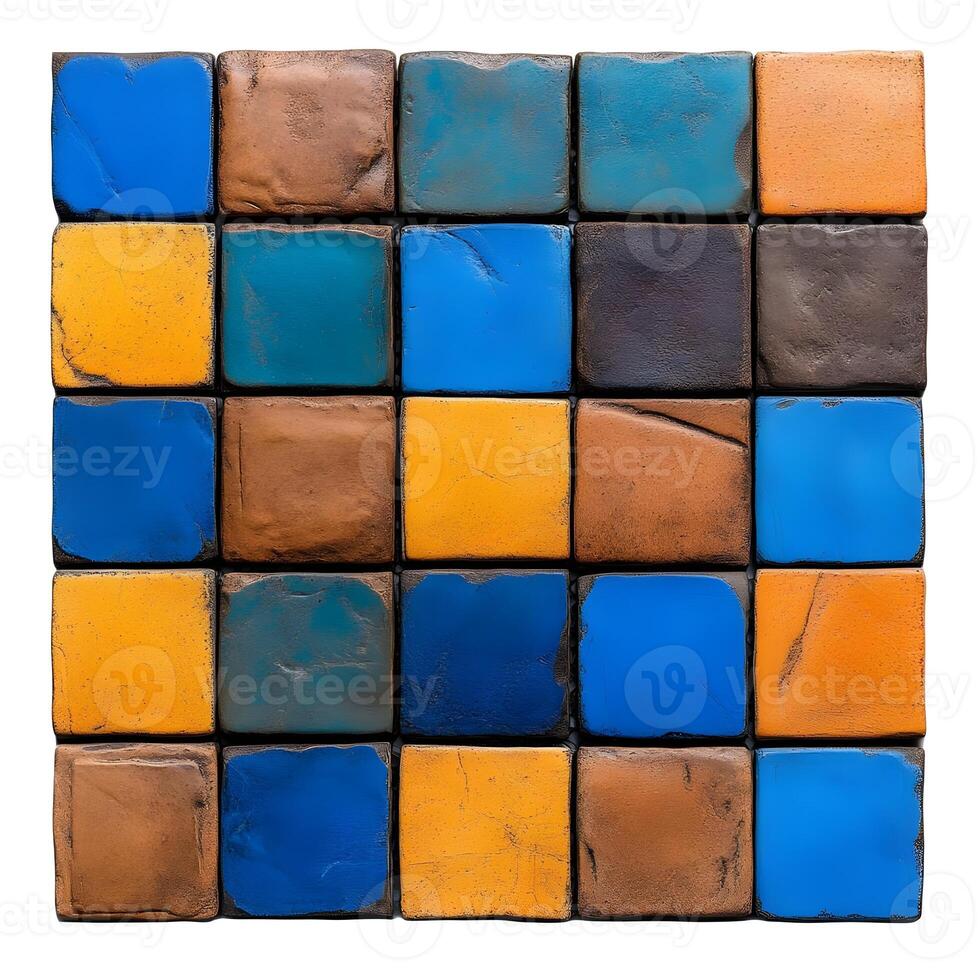 Colorful Mosaic Pattern of Blue, Yellow, and Brown Tiles Forming a Vibrant Square Arrangement for Artistic and Decorative Use in Backgrounds photo