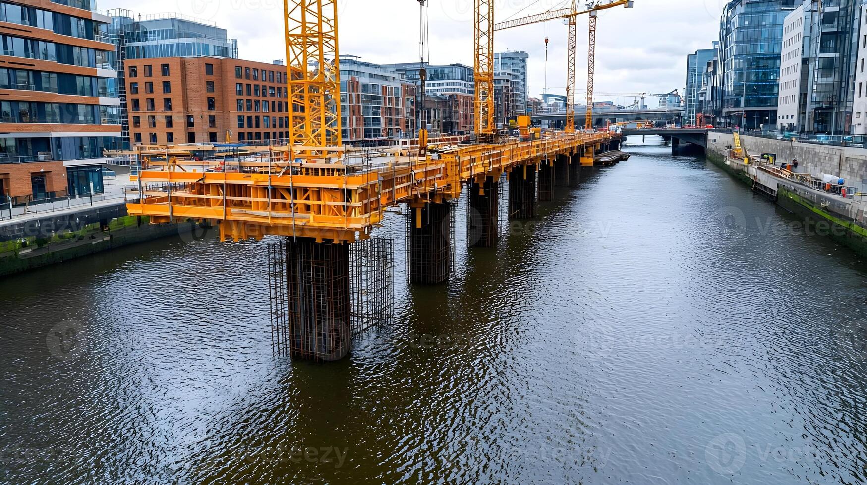 Construction site over river in urban area with cranes and beams showcasing modern engineering in a developed waterfront setting, emphasizing infrastructure and city development. photo