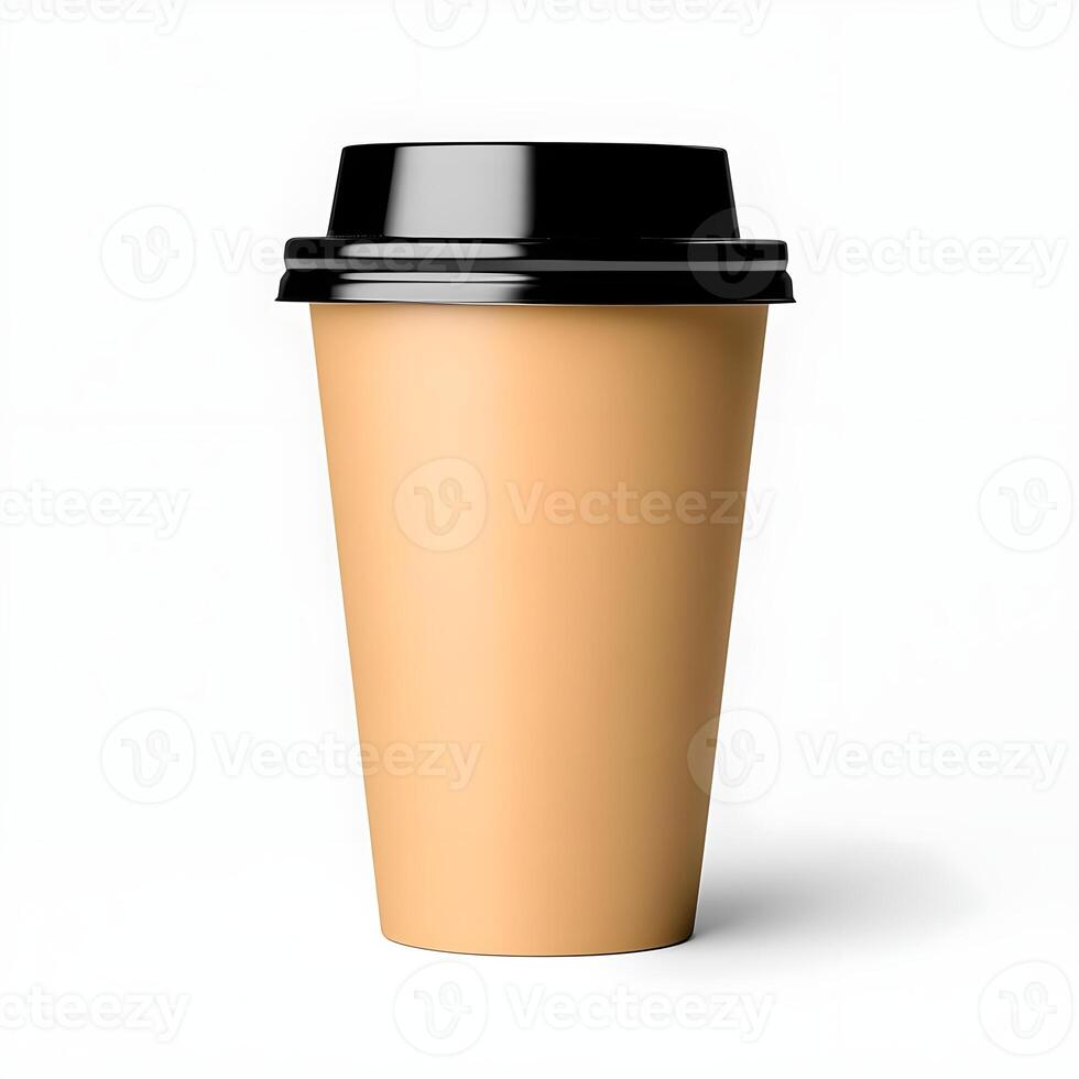 Simple and Elegant Coffee Cup with Black Lid on White Background Perfect for Beverage Themes, Cafes, and Minimalist Designs photo