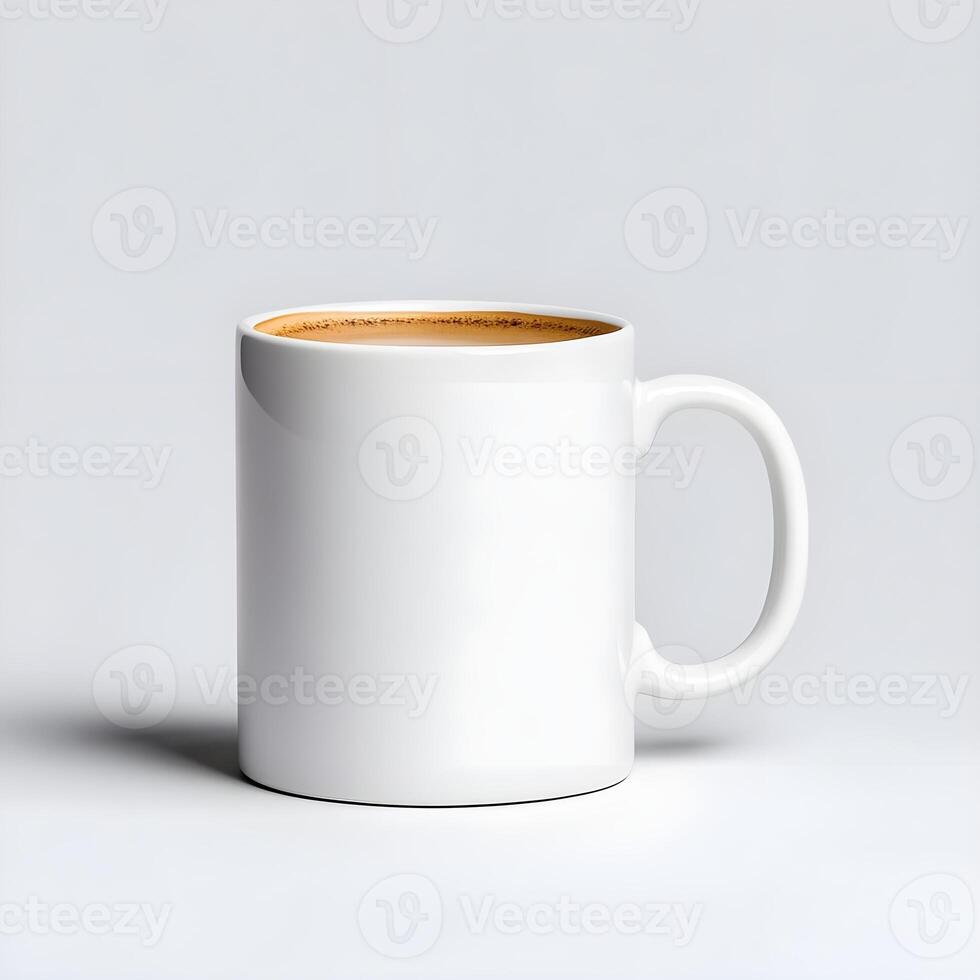 Blank White Mug with Coffee on Gray Background Ideal for Branding, Mockup, or Advertising Purposes Featuring Clear Space for Text or Logo photo