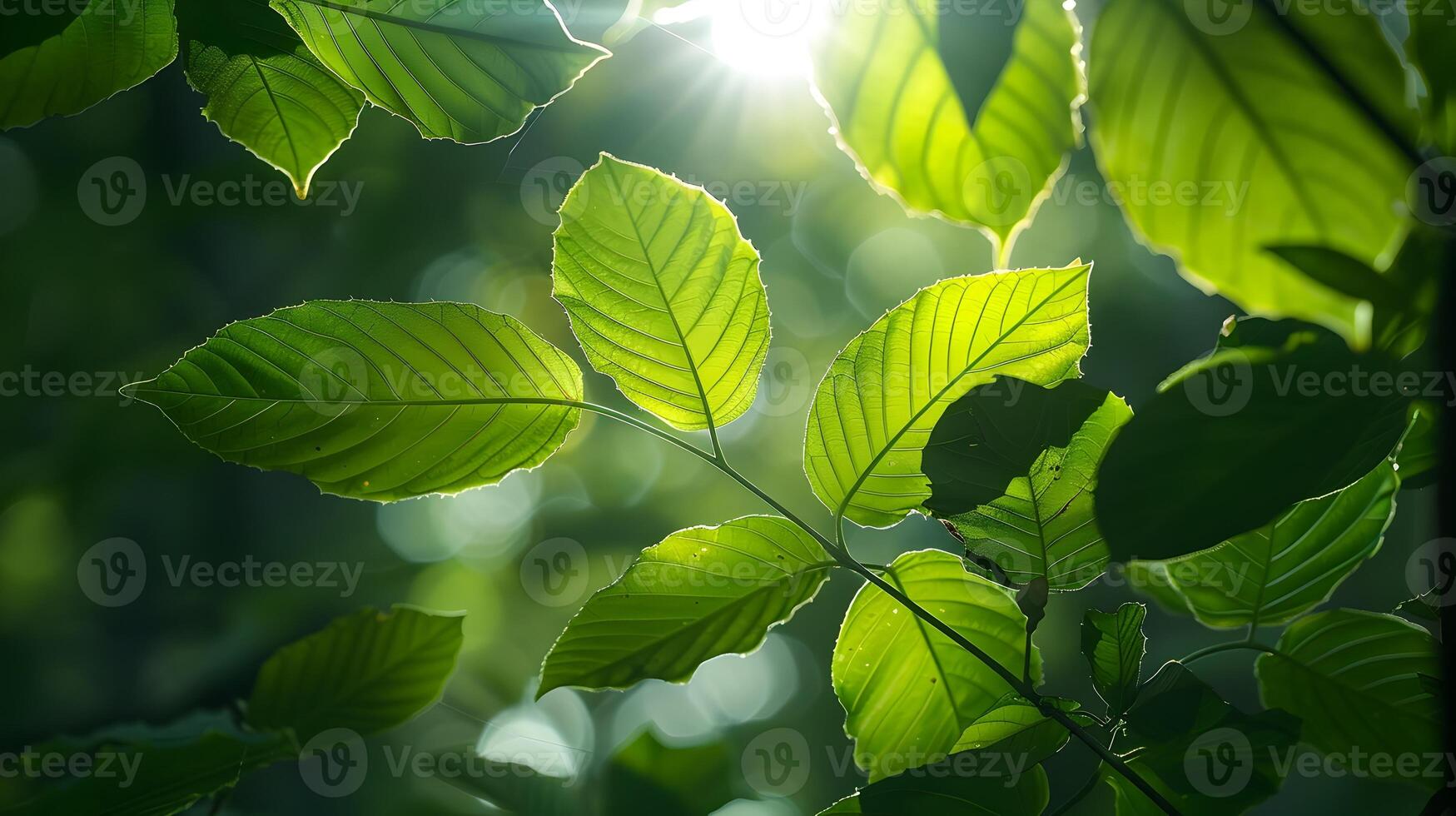 Vibrant Green Leaves Backlit by Warm Sunlight Radiating Peaceful Serenity photo