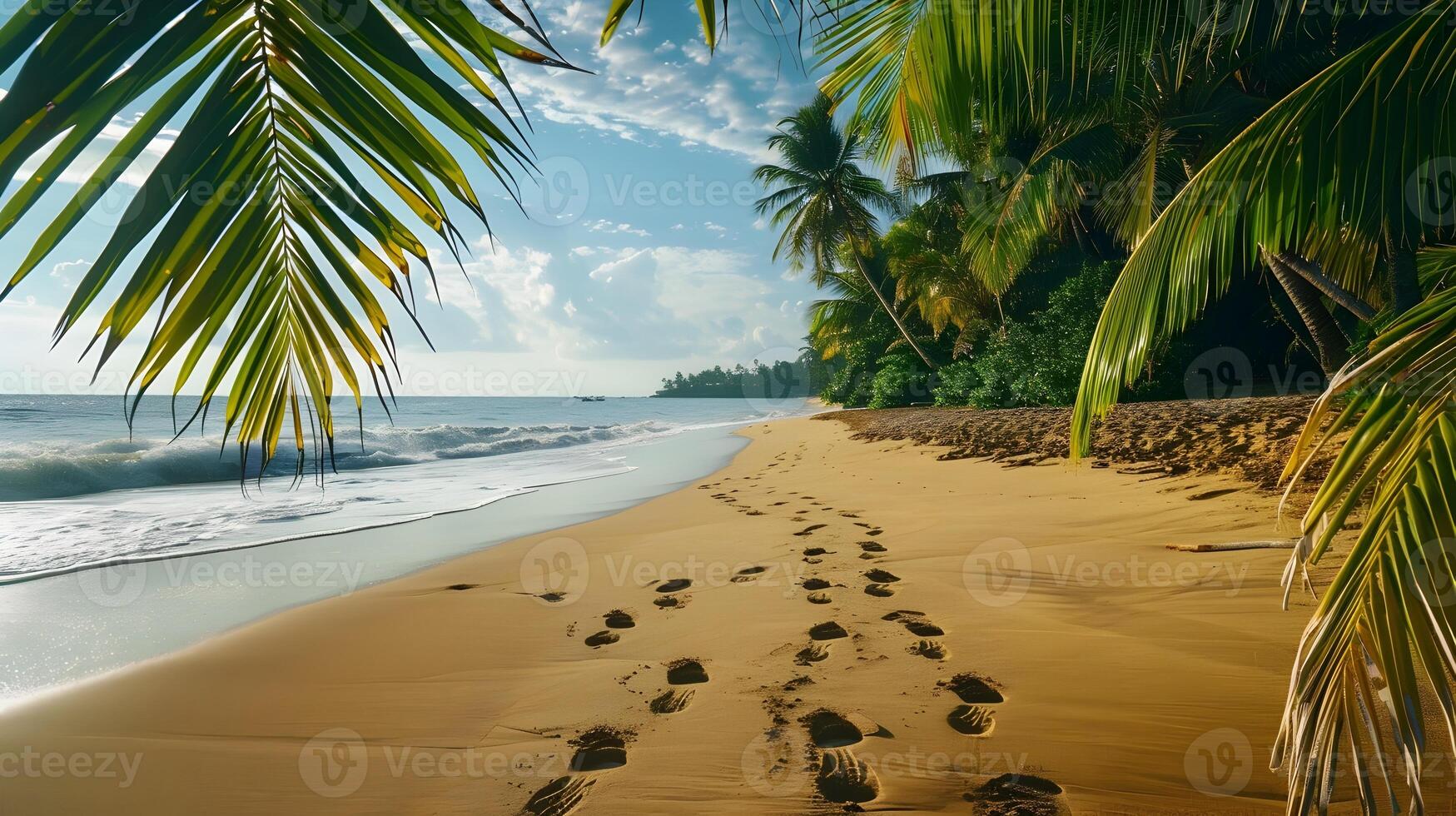 Serene Beach Landscape with Footprints Leading to the Ocean Framed by Palm Trees photo