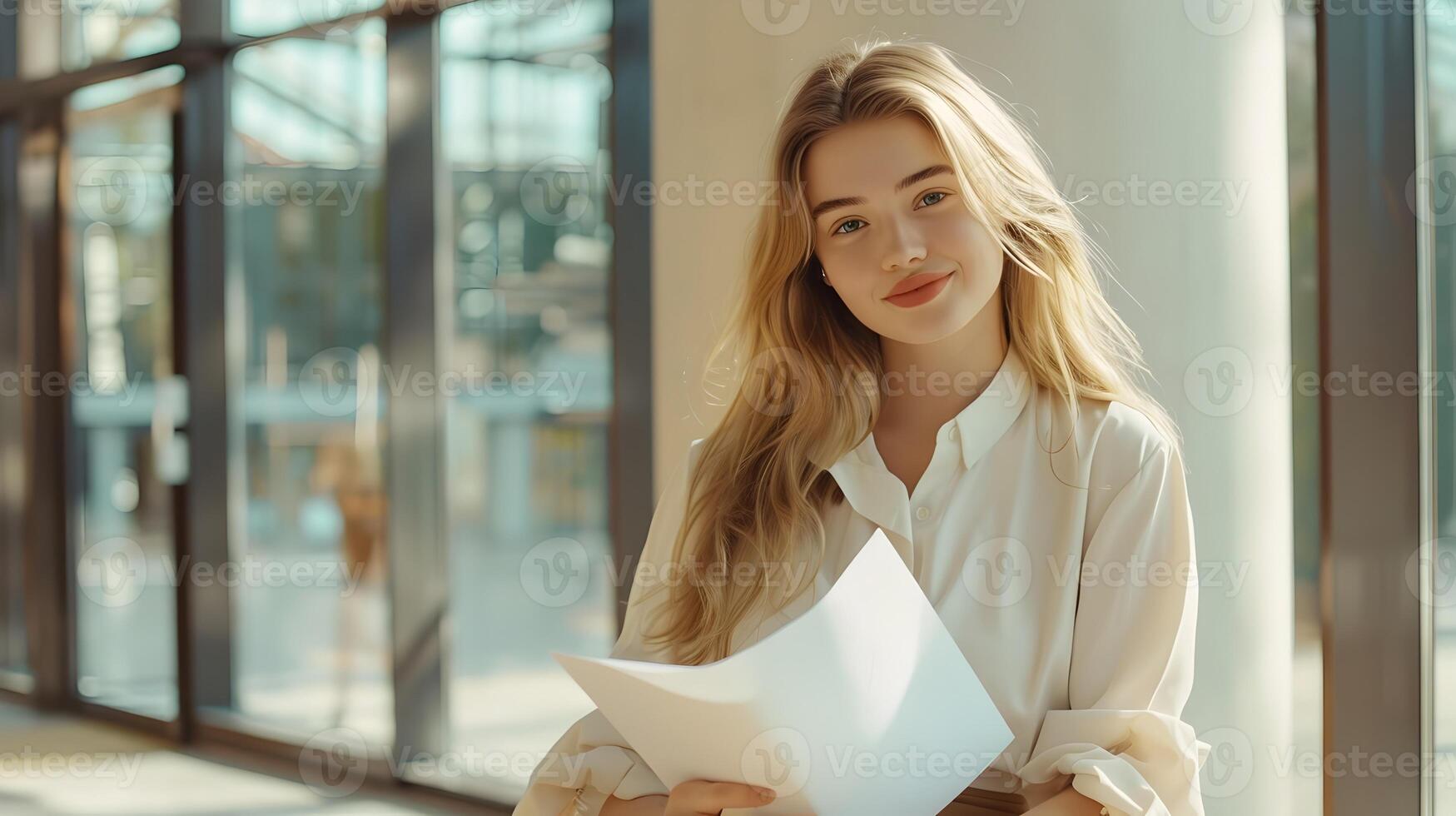 Attractive Blonde Businesswoman Working in Bright Office with Natural Lighting photo