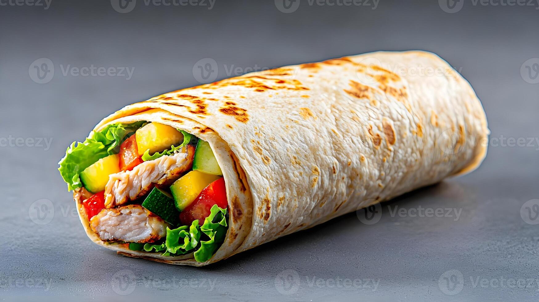 Freshly Wrapped Tortilla with Grilled Chicken, Lettuce, Tomato, and Zucchini, Perfect for Healthy Meals and Quick Snacks, Ideal for Food Lovers and Nutrition Enthusiasts photo