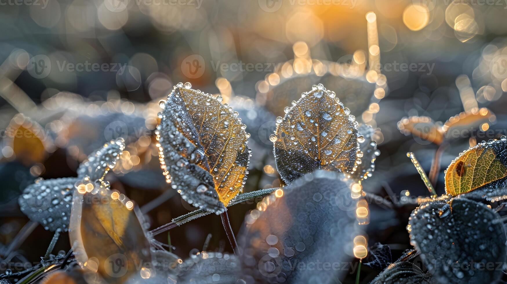 Dew Covered Leaves Glistening in the Morning Sunlight photo