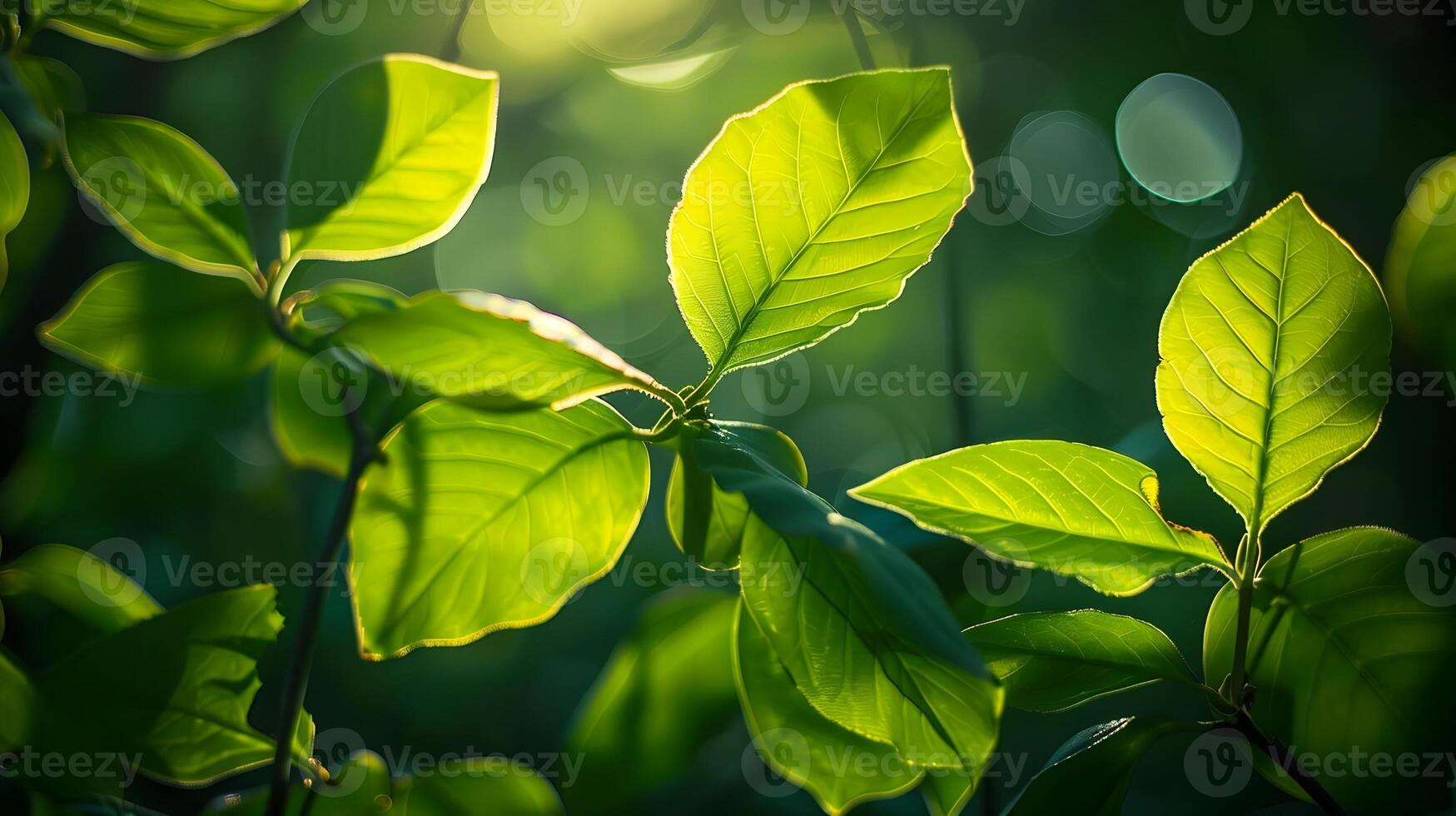 Glowing Green Leaves Backlit by Warm Sunlight in Natural Setting photo